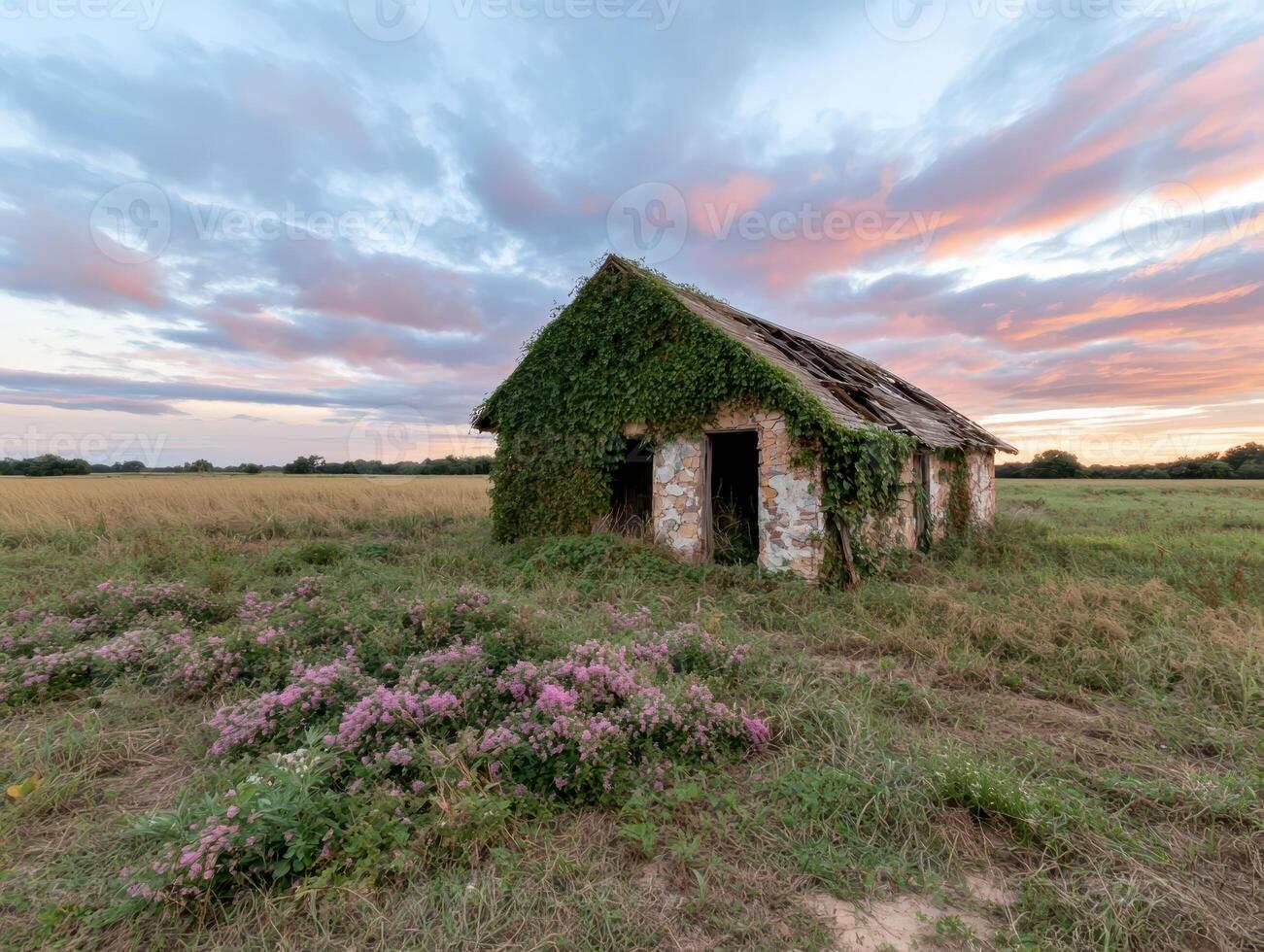 Overgrown abandoned house in a field at sunset photo