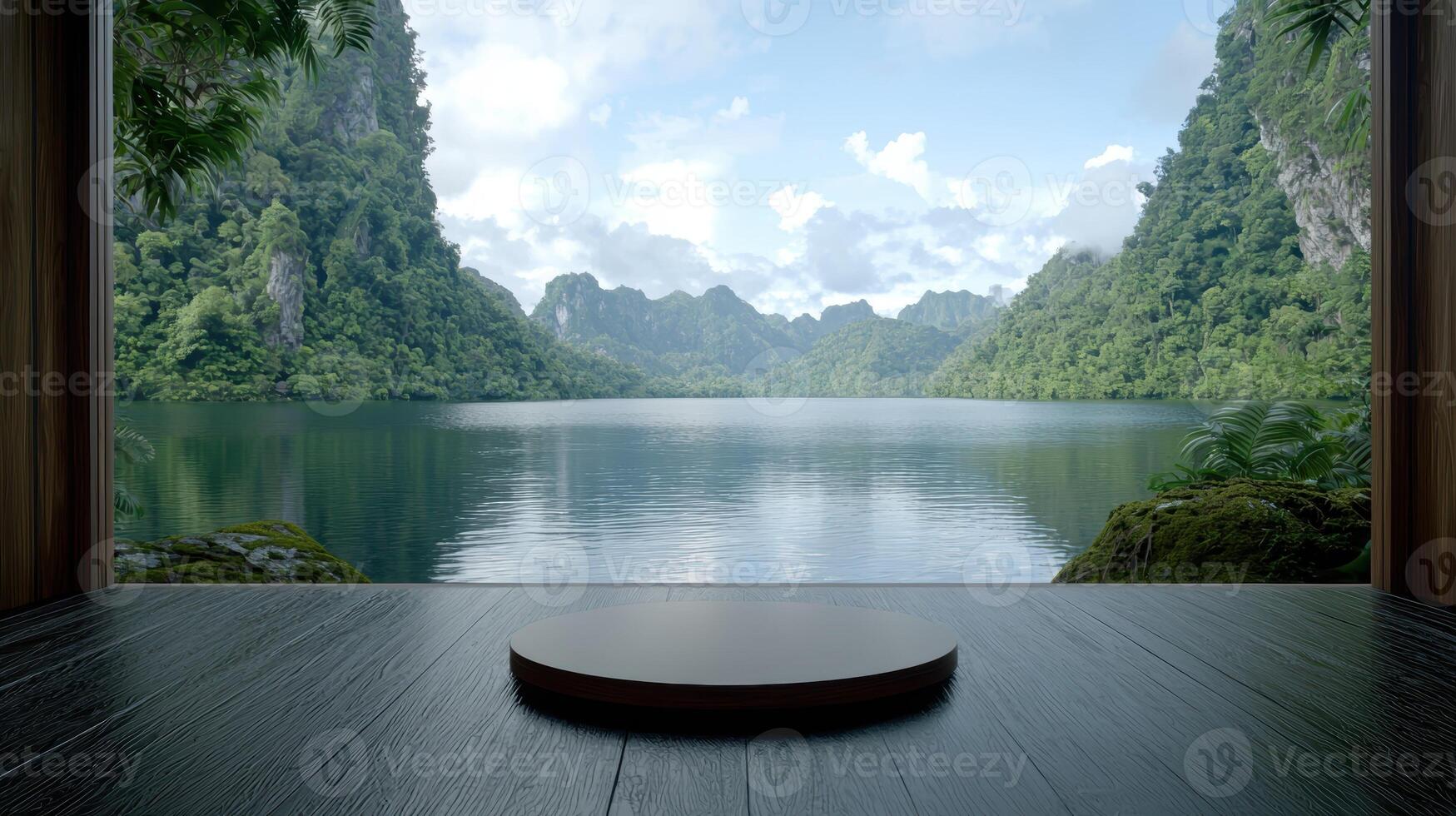Dark wood platform overlooking a serene lake and lush mountains photo