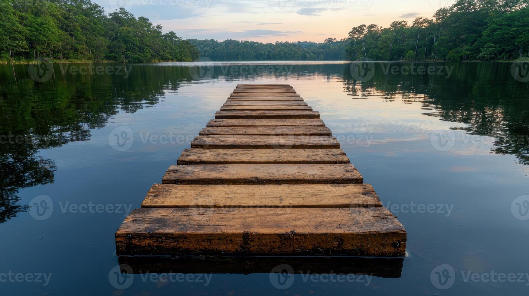 Wooden path leads to tranquil lake at sunset photo
