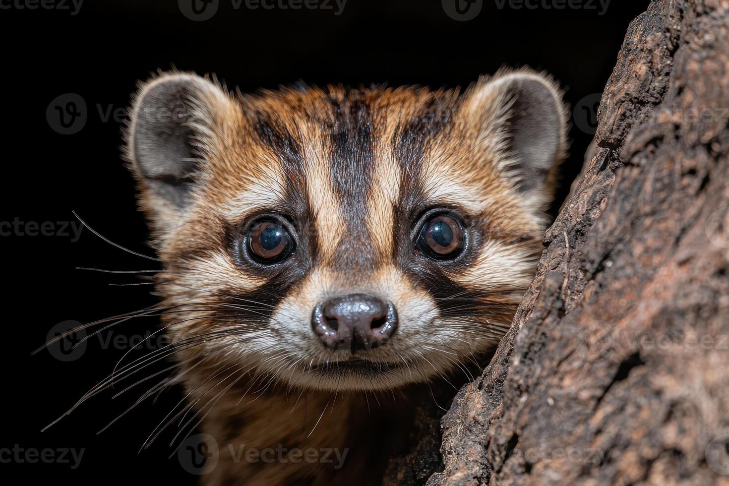 Close up of an adorable raccoon peeking from behind a tree photo