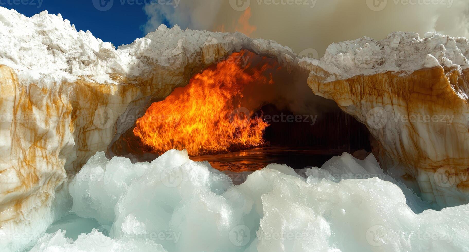 Fiery flames erupt from an ice cave, a surreal contrast of fire and ice photo