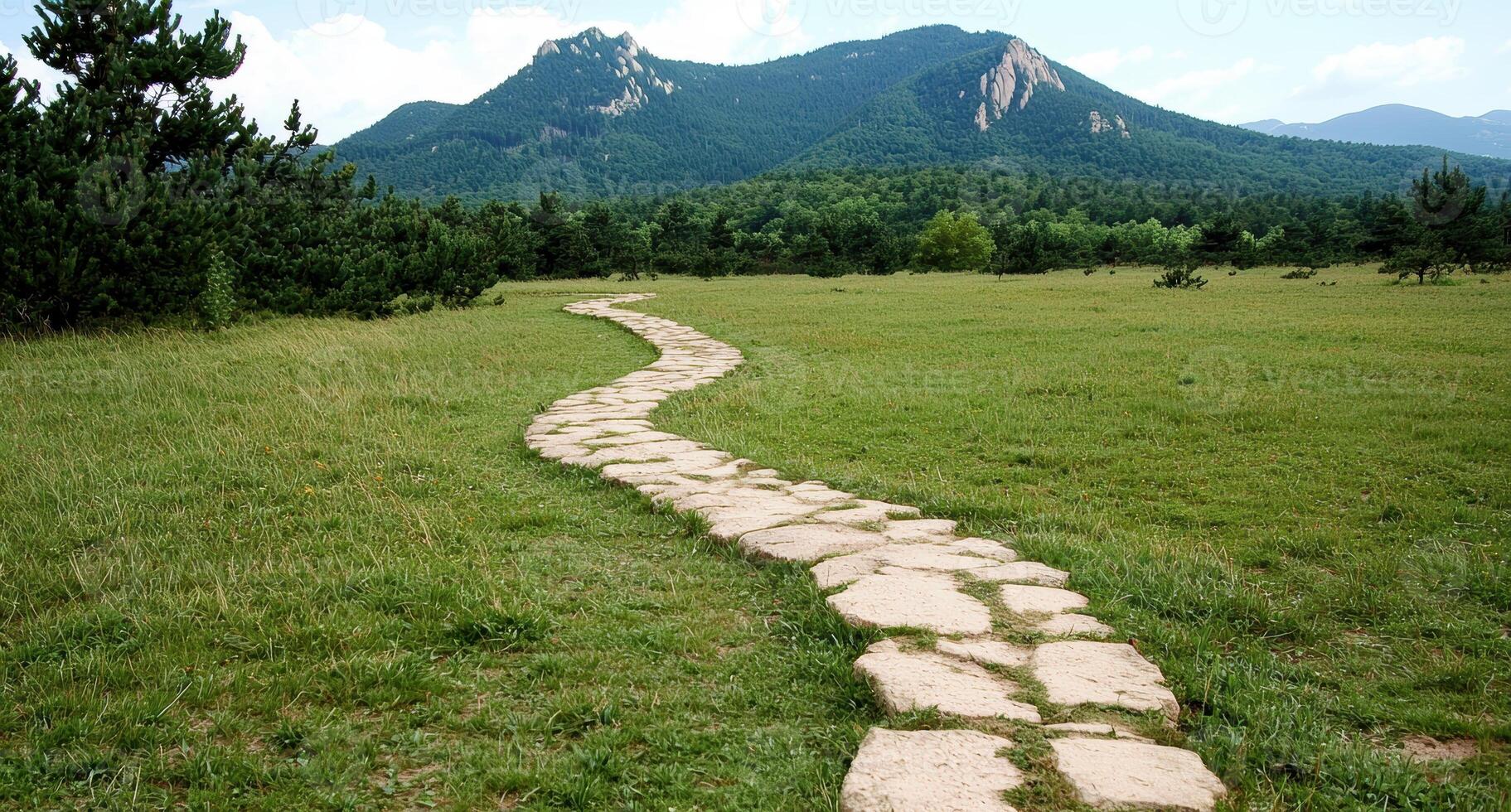 Stone path winding through a grassy field towards mountains photo