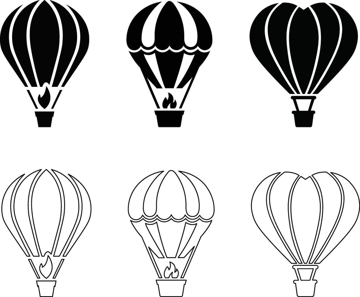 Hot air balloon silhouette and line art icon set illustration vector