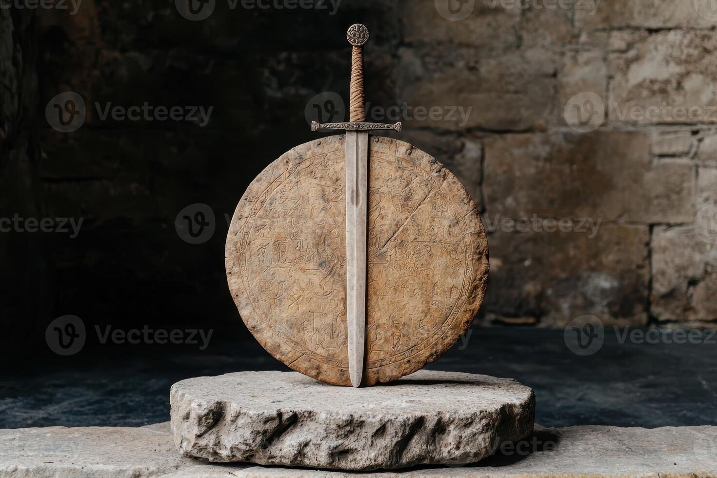 Ancient sword and shield on stone pedestal photo