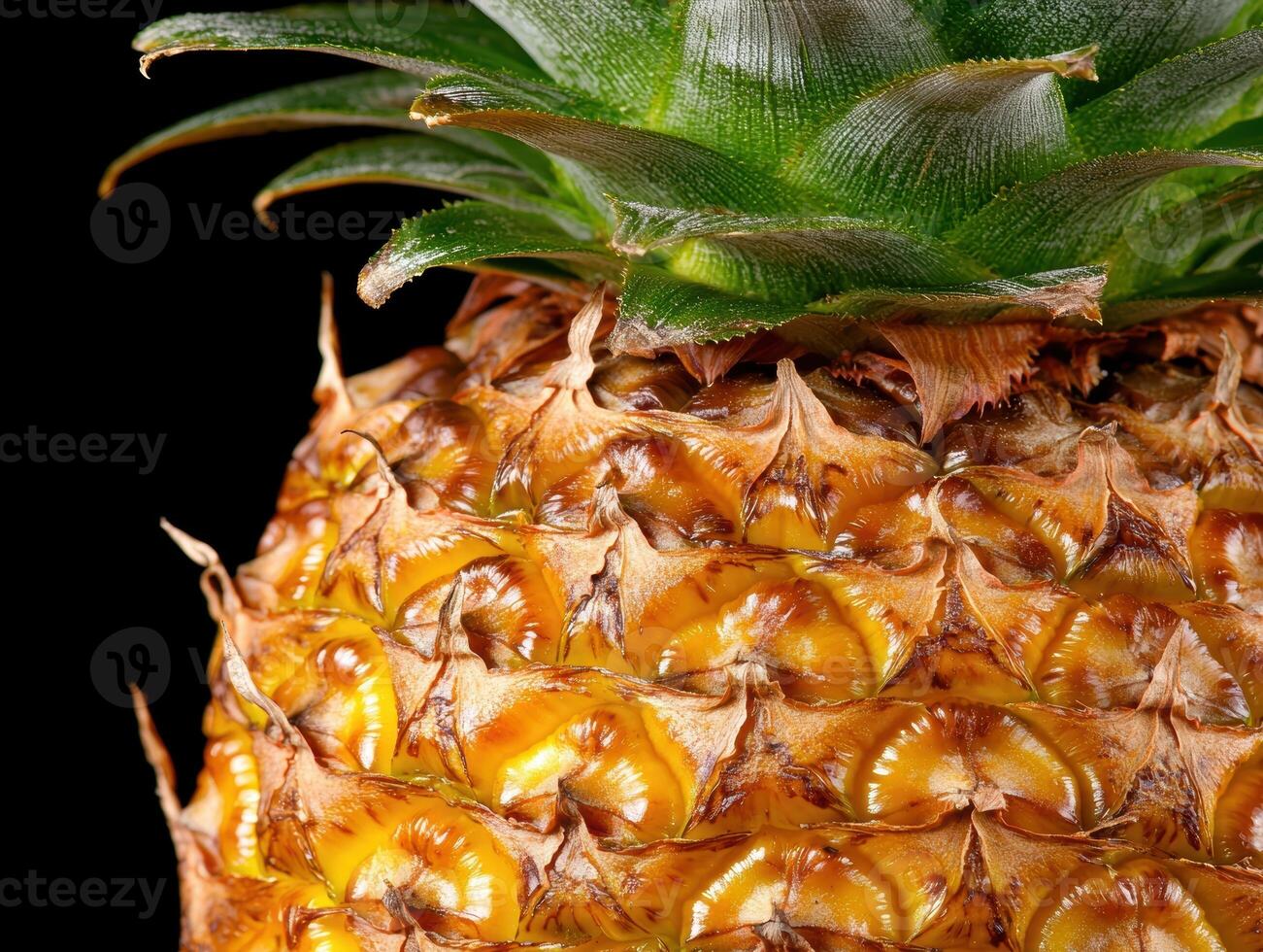 Close up of a ripe pineapple showing its textured skin and vibrant yellow flesh photo