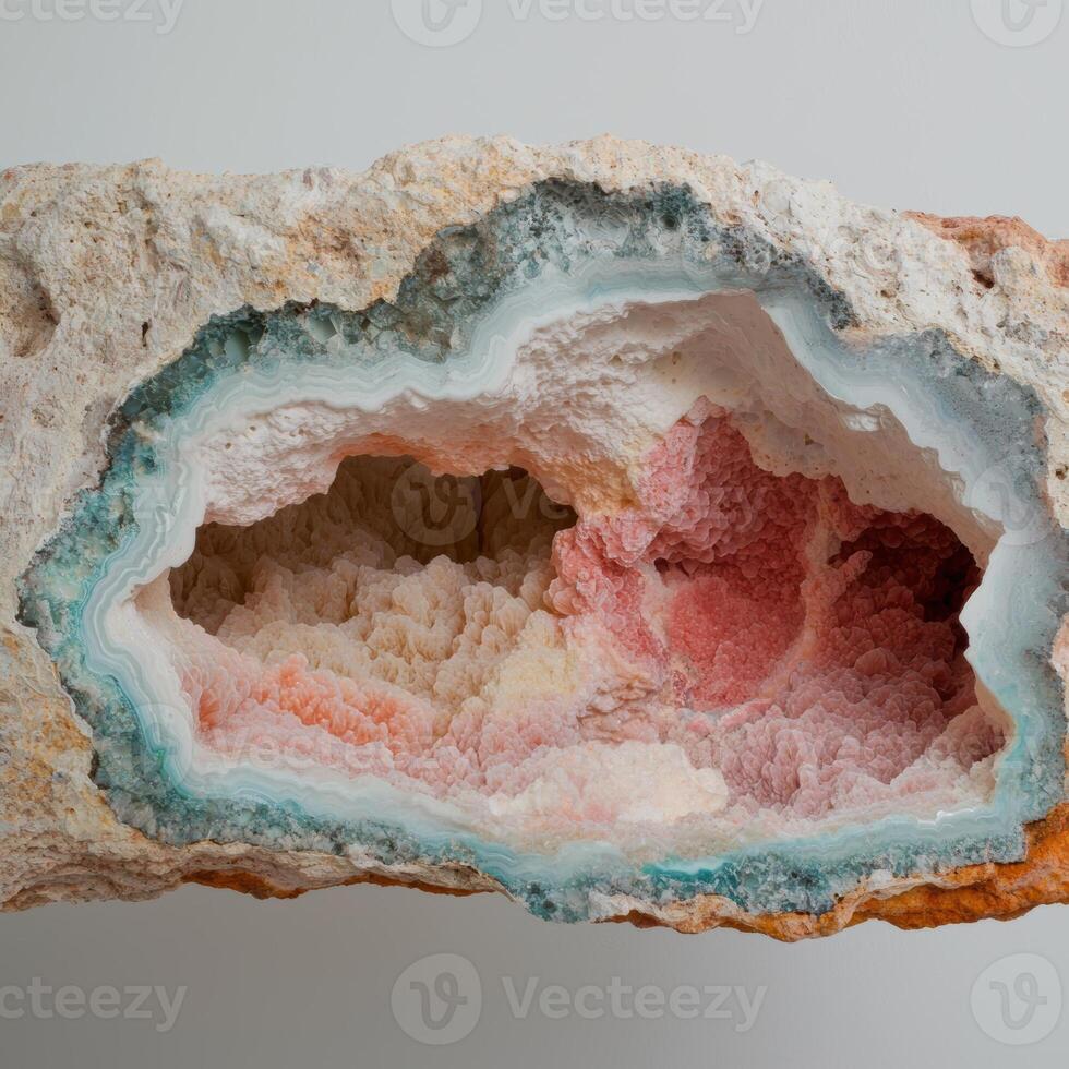 Close up of a geode with pink and orange crystals photo
