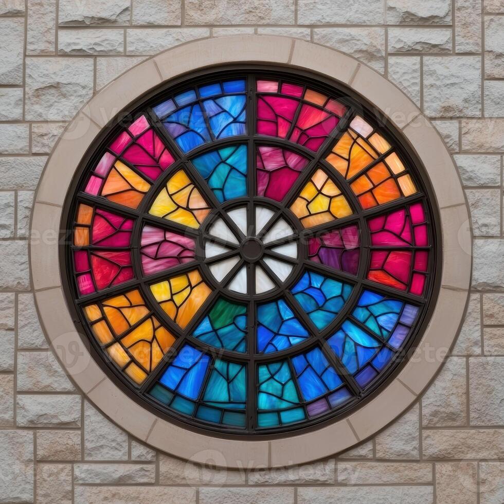 Circular stained glass window in a stone building photo