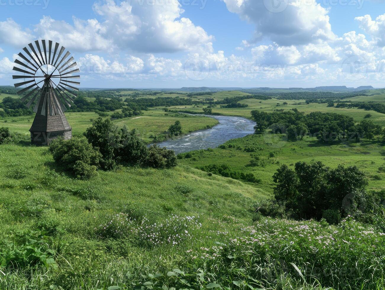 Windmill overlooking a river valley photo