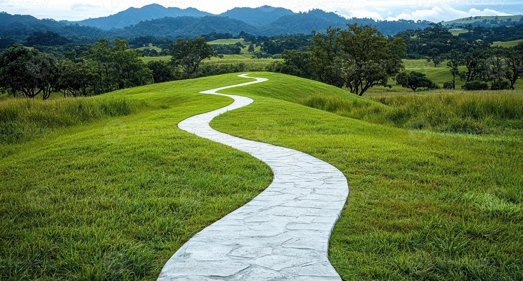 Winding path through a grassy field leading to mountains. photo