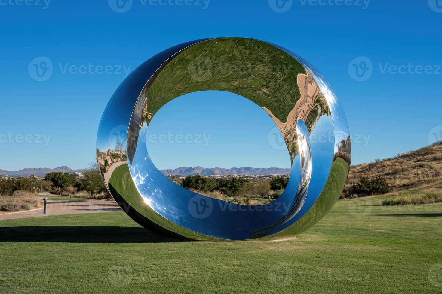 Modern metal sculpture in a grassy field photo
