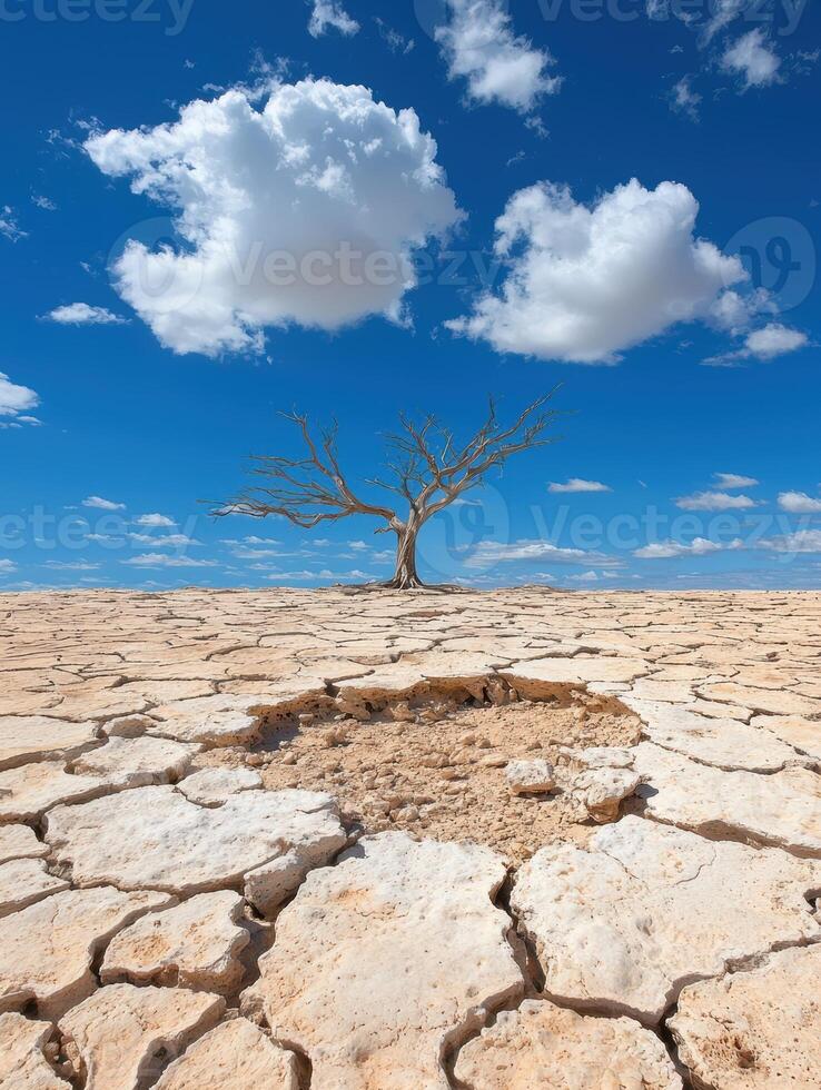Lonely tree in cracked earth desert landscape photo