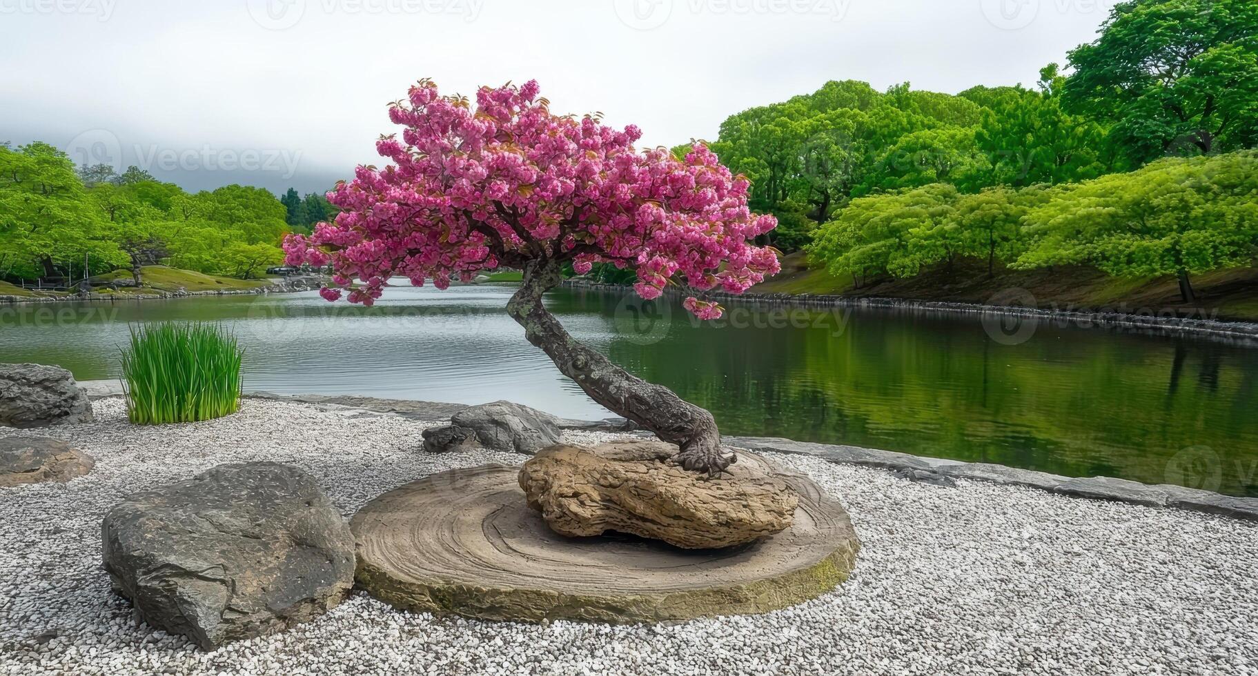 Pink cherry blossom bonsai tree in zen garden photo