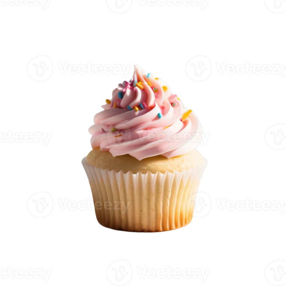 A cupcake with pink frosting on top is shown png