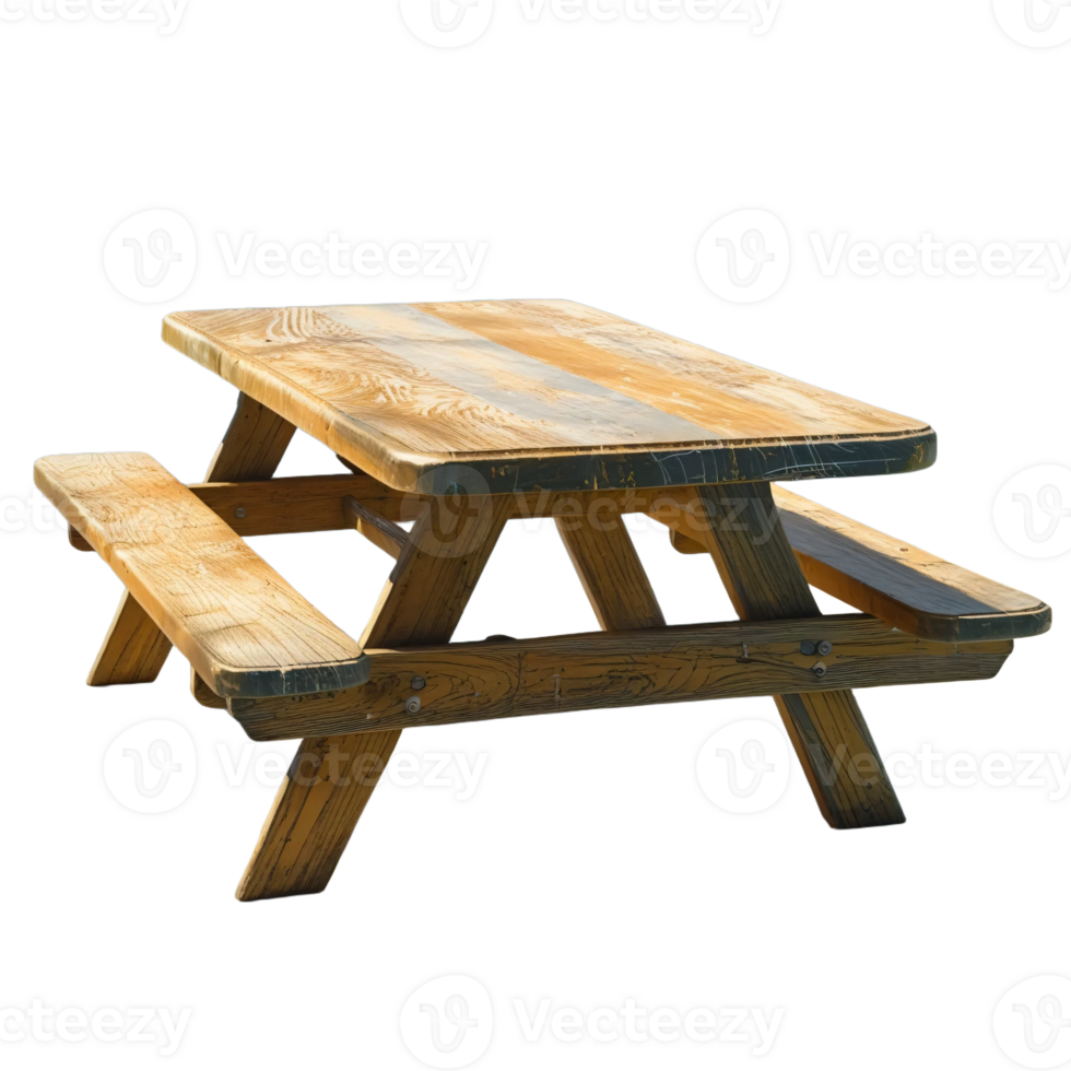 A picnic table with a wooden top and legs png