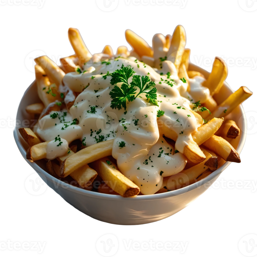 A bowl of french fries with a sauce on top png