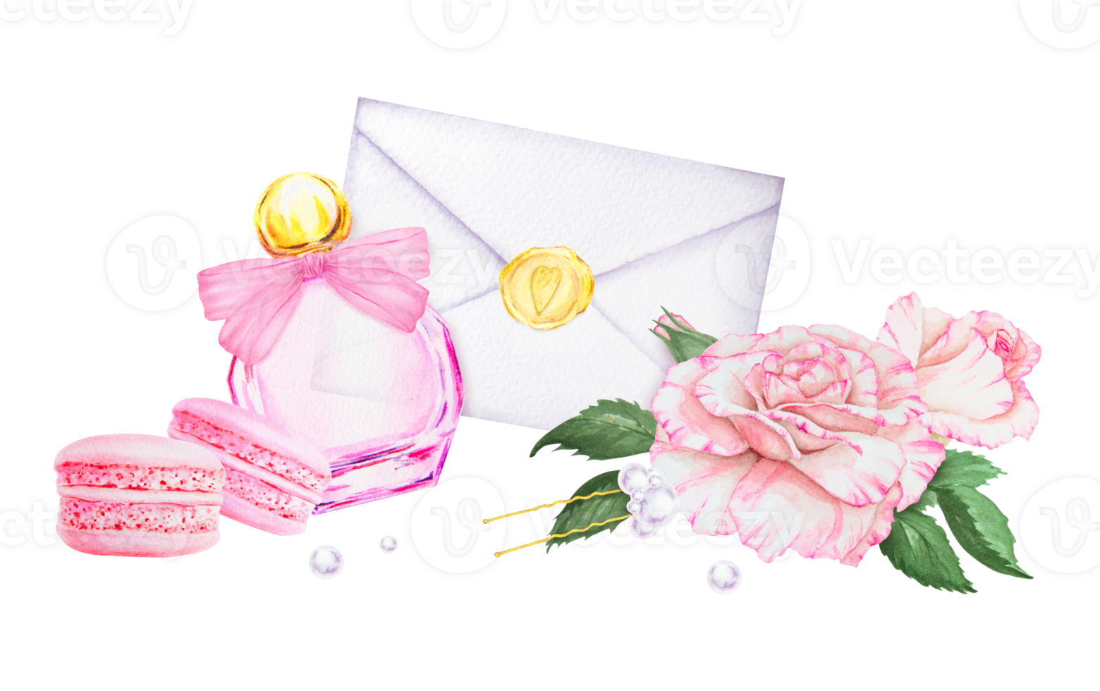 Romantic watercolor illustration featuring pink macarons, an elegant perfume bottle with a bow, an envelope sealed with a heart stamp and delicate roses. Wedding or festive clip art. Isolated, cut out png