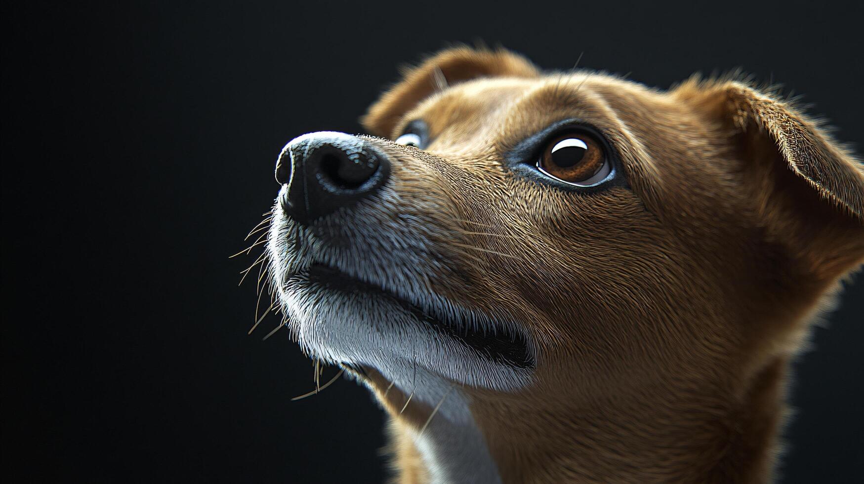 A dog with brown fur and a black nose is looking up at the camera photo