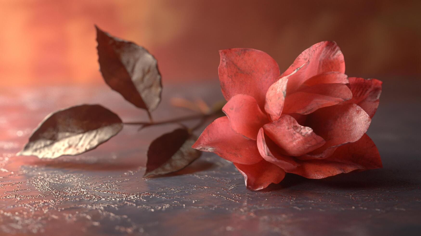 A red rose is laying on a table photo