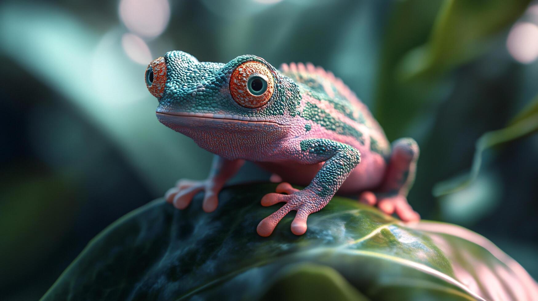 A colorful frog is sitting on a leaf photo
