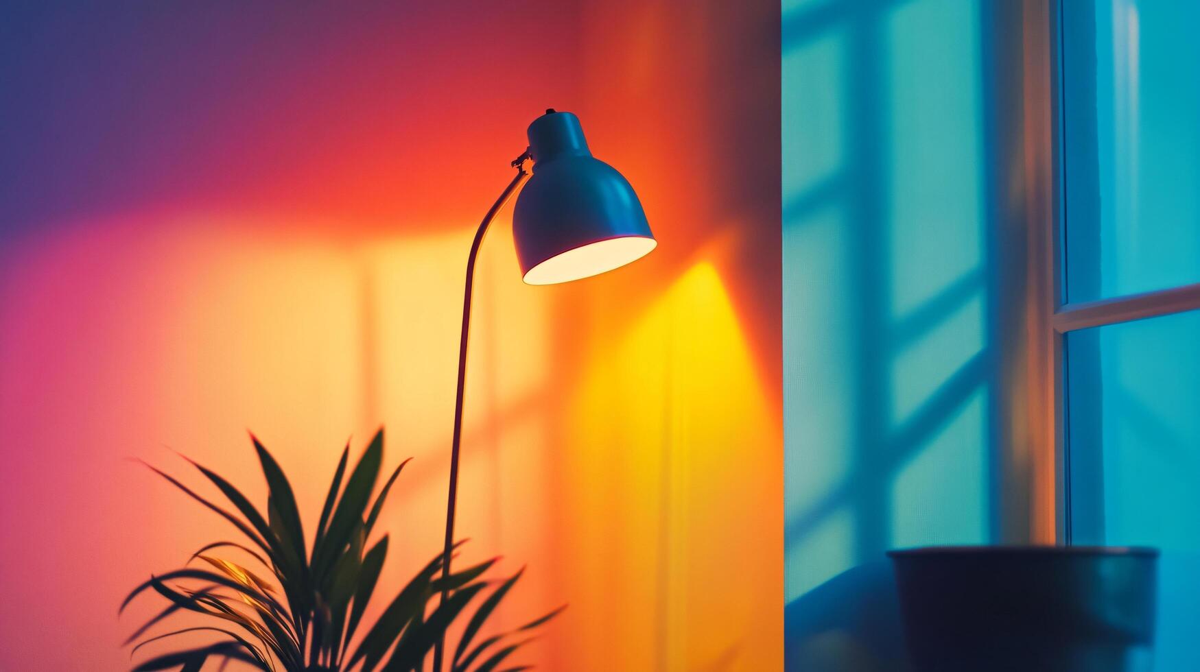 A lamp is lit up in a room with a plant in the foreground photo