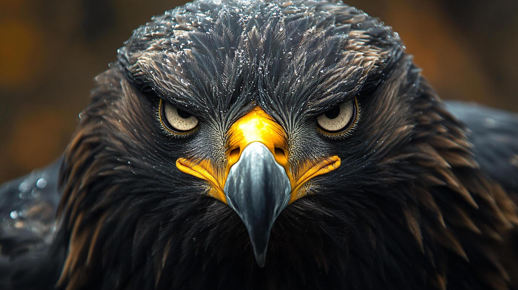 A close up of a large eagle's face with its eyes open and its mouth wide photo
