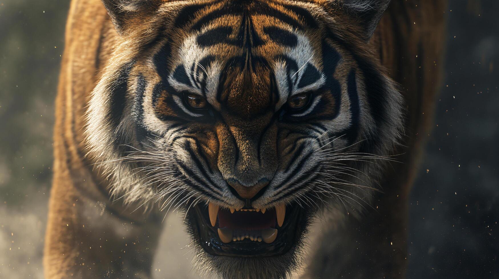 A tiger is shown with its mouth open and teeth bared, looking angry photo