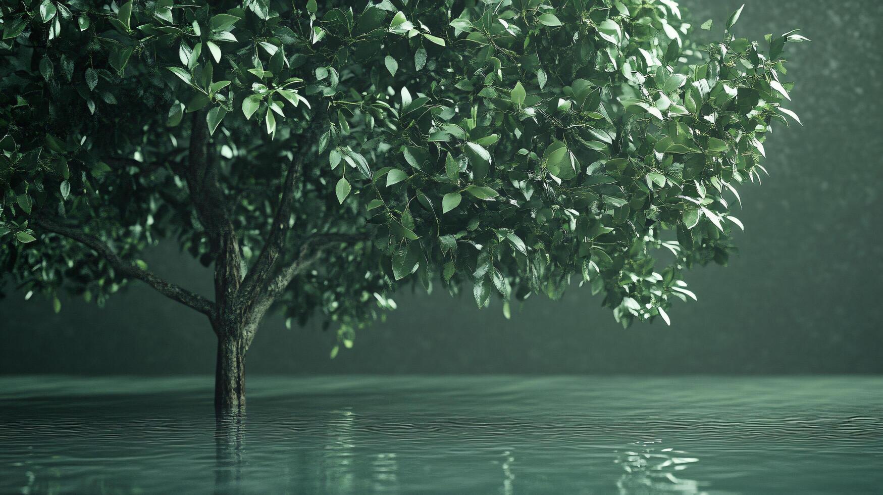 A tree is surrounded by water, with the water reflecting the tree and the sky photo