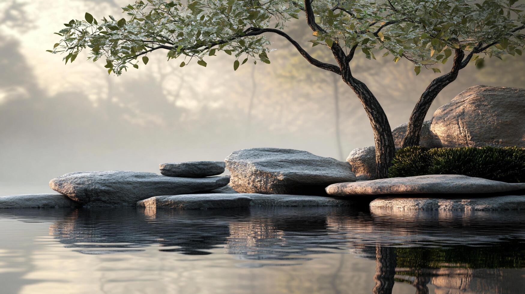 A tree is growing on a rocky shoreline with a body of water in the background photo