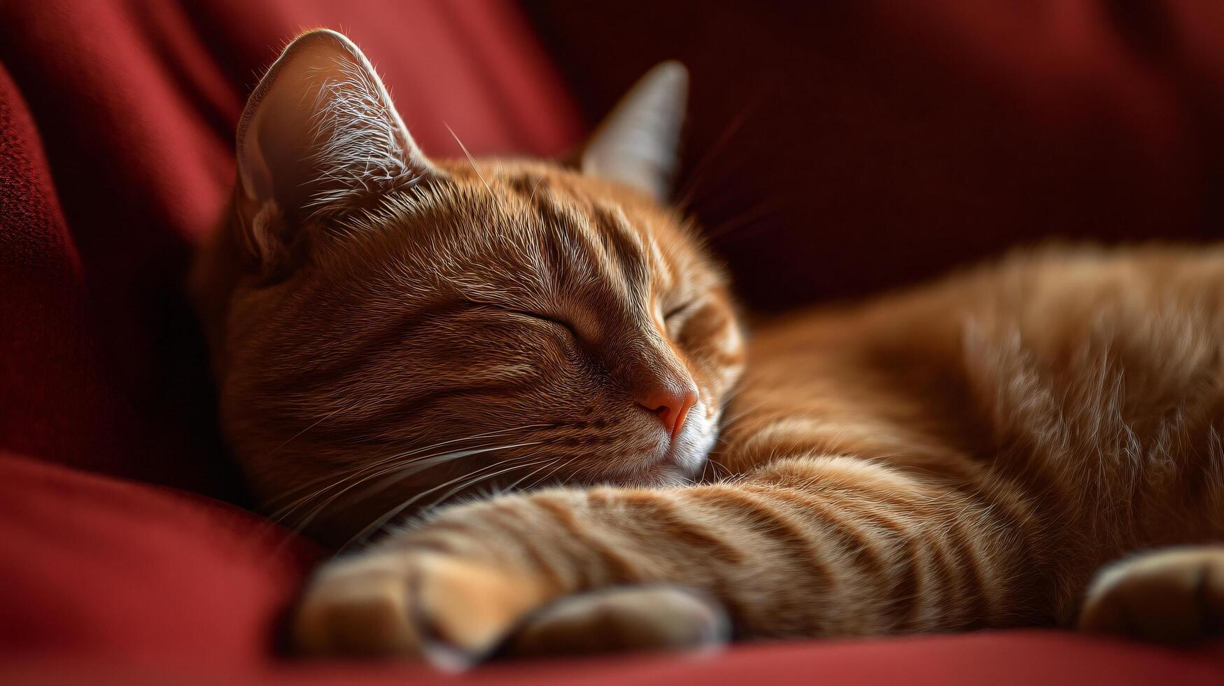 A cat is sleeping on a red couch photo