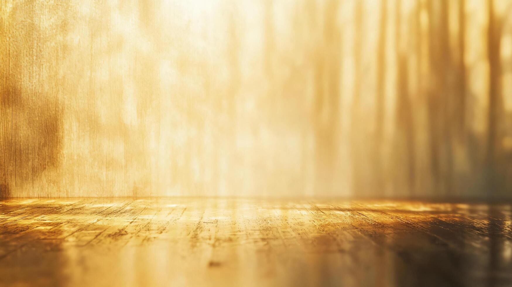 A room with a wooden floor and a wall with a gold color photo