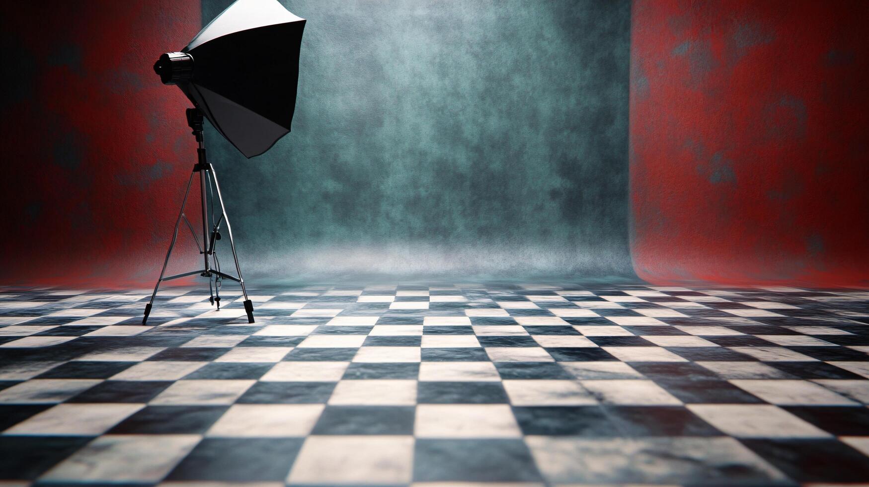 A black and white photo of a studio with a black light and a tripod