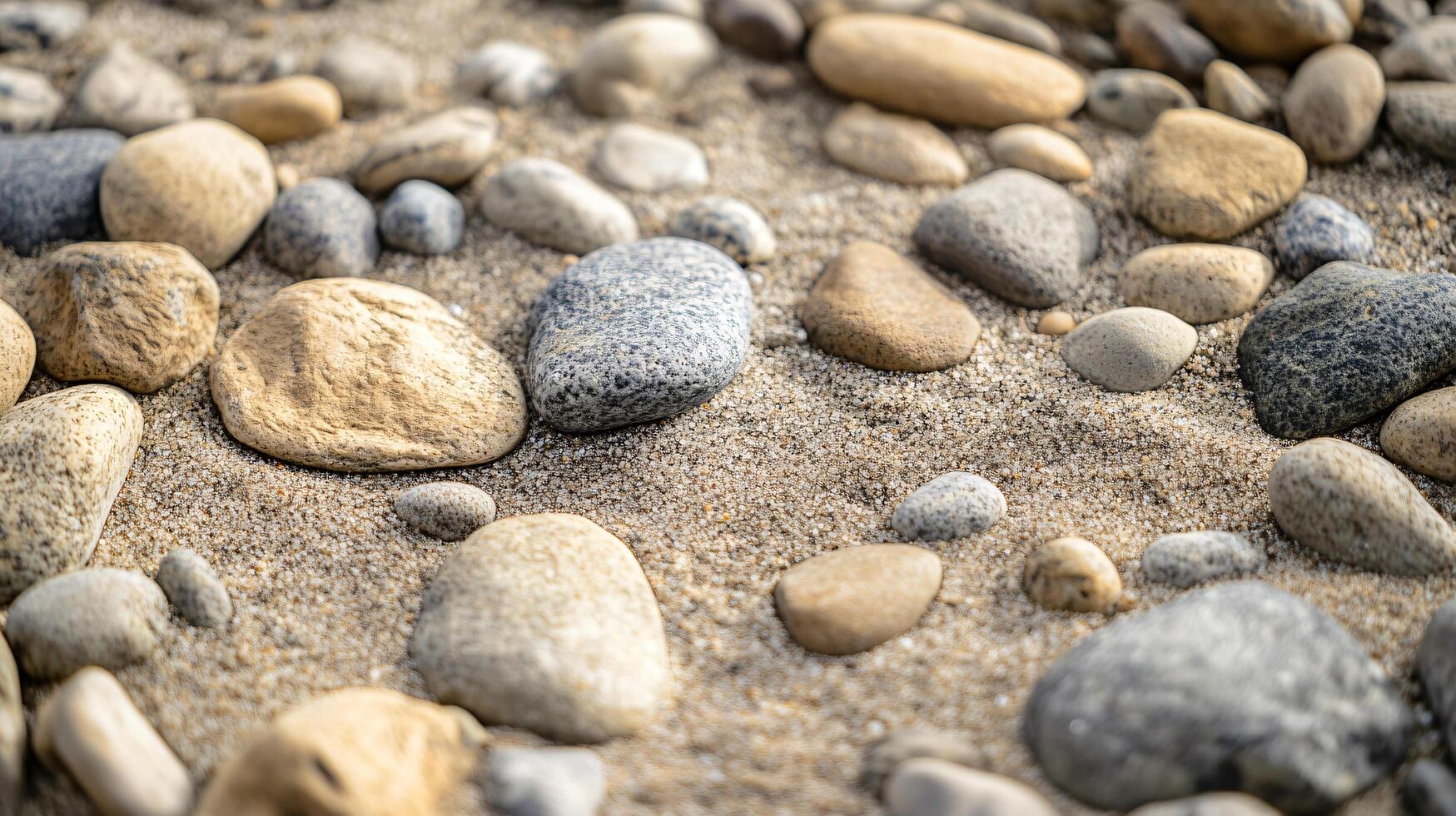 A beach scene with a variety of rocks scattered across the sand photo