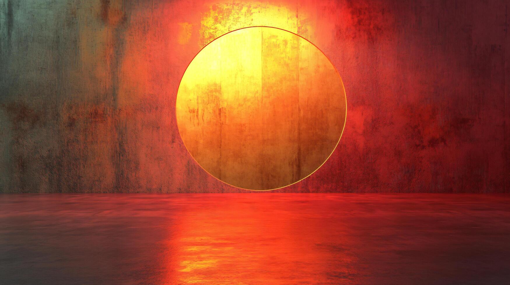 A large, glowing orange circle is in the center of a red wall photo