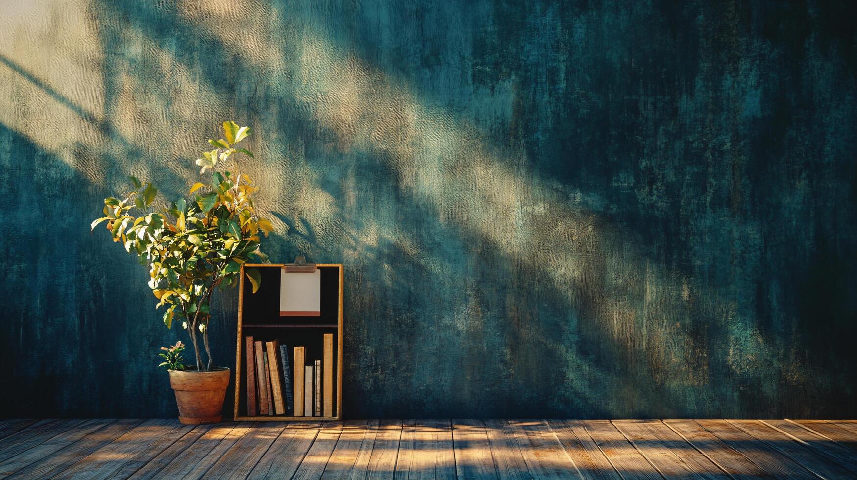 A potted plant sits on a shelf next to a box of books photo
