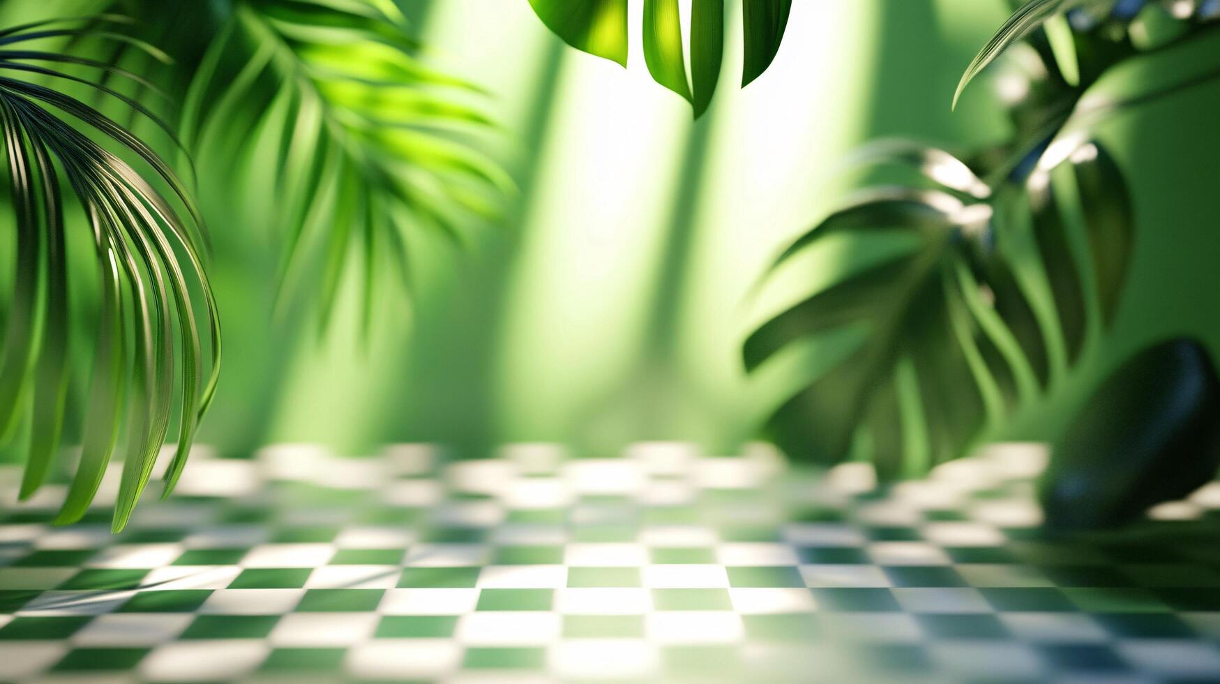 A checkered green and white background with a large leafy green plant in the for photo
