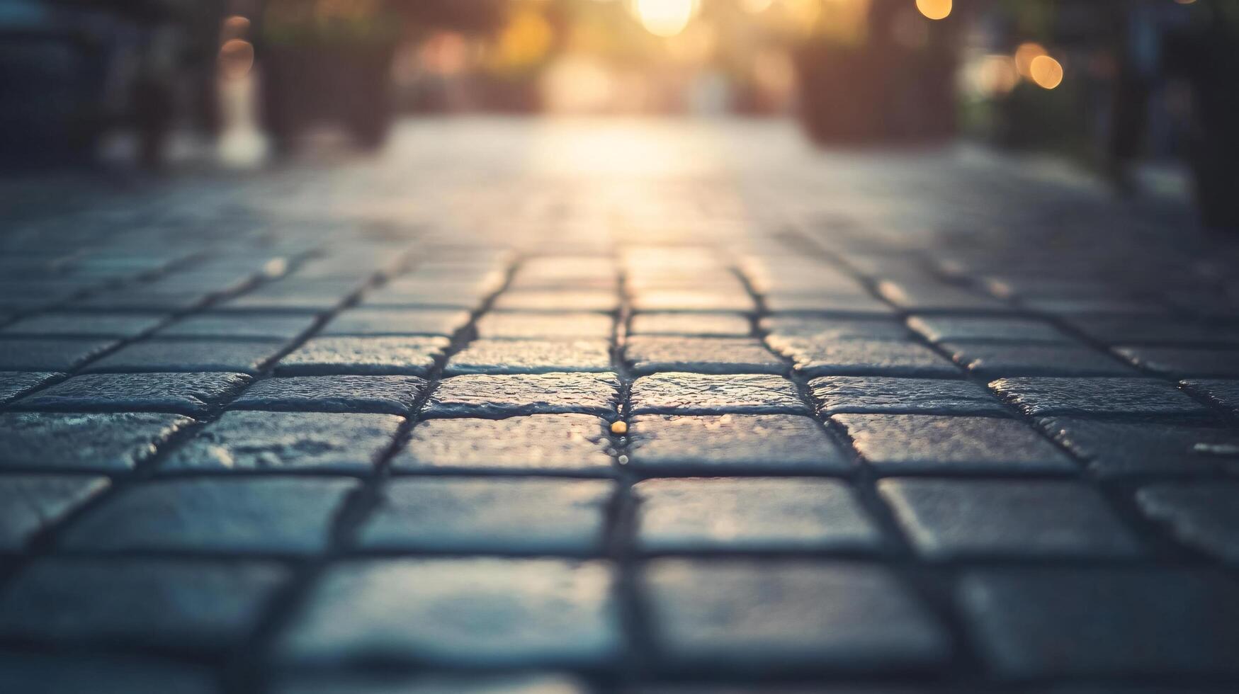 A close up of a brick sidewalk with a few potted plants in the background photo
