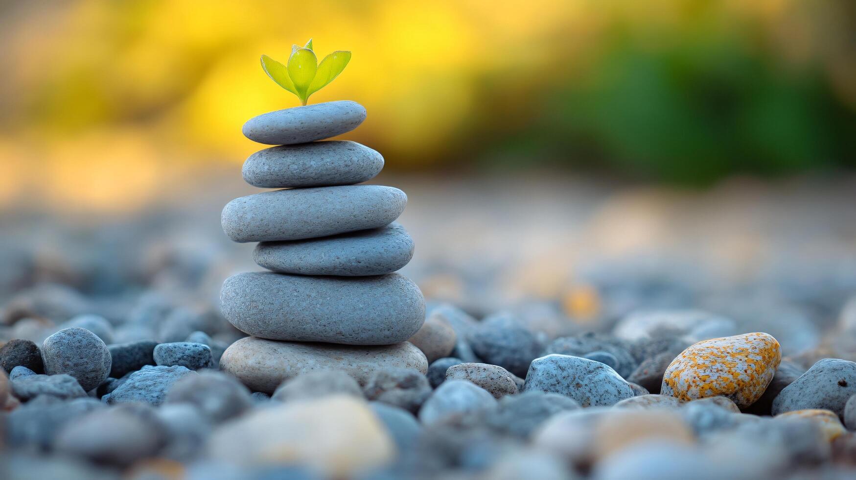 A stack of rocks with a small green plant growing out of it photo