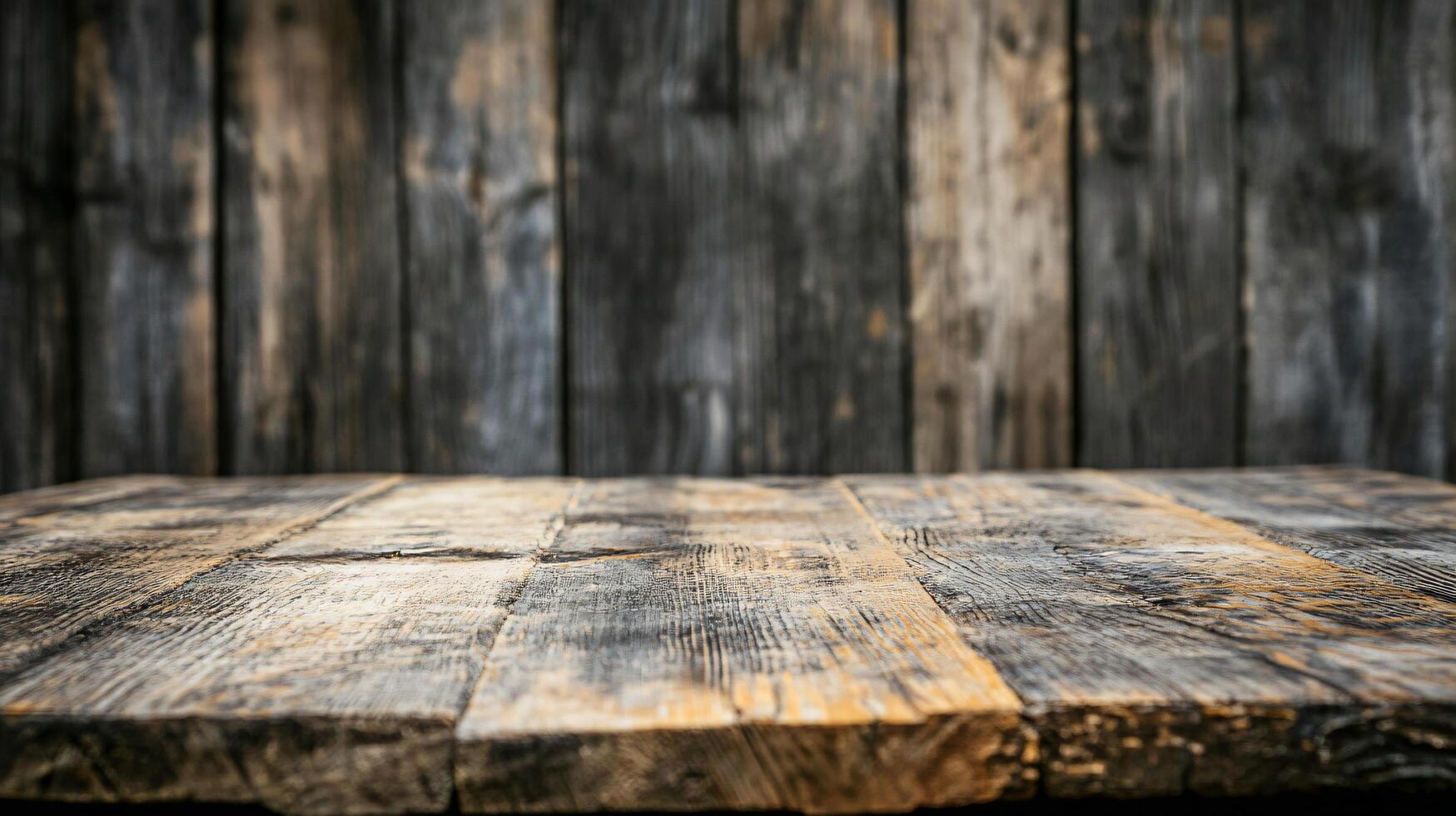 An empty wooden table in front of a wooden wall photo