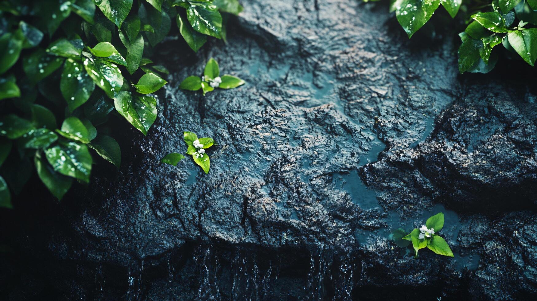 A rock with green leaves and water droplets on it photo