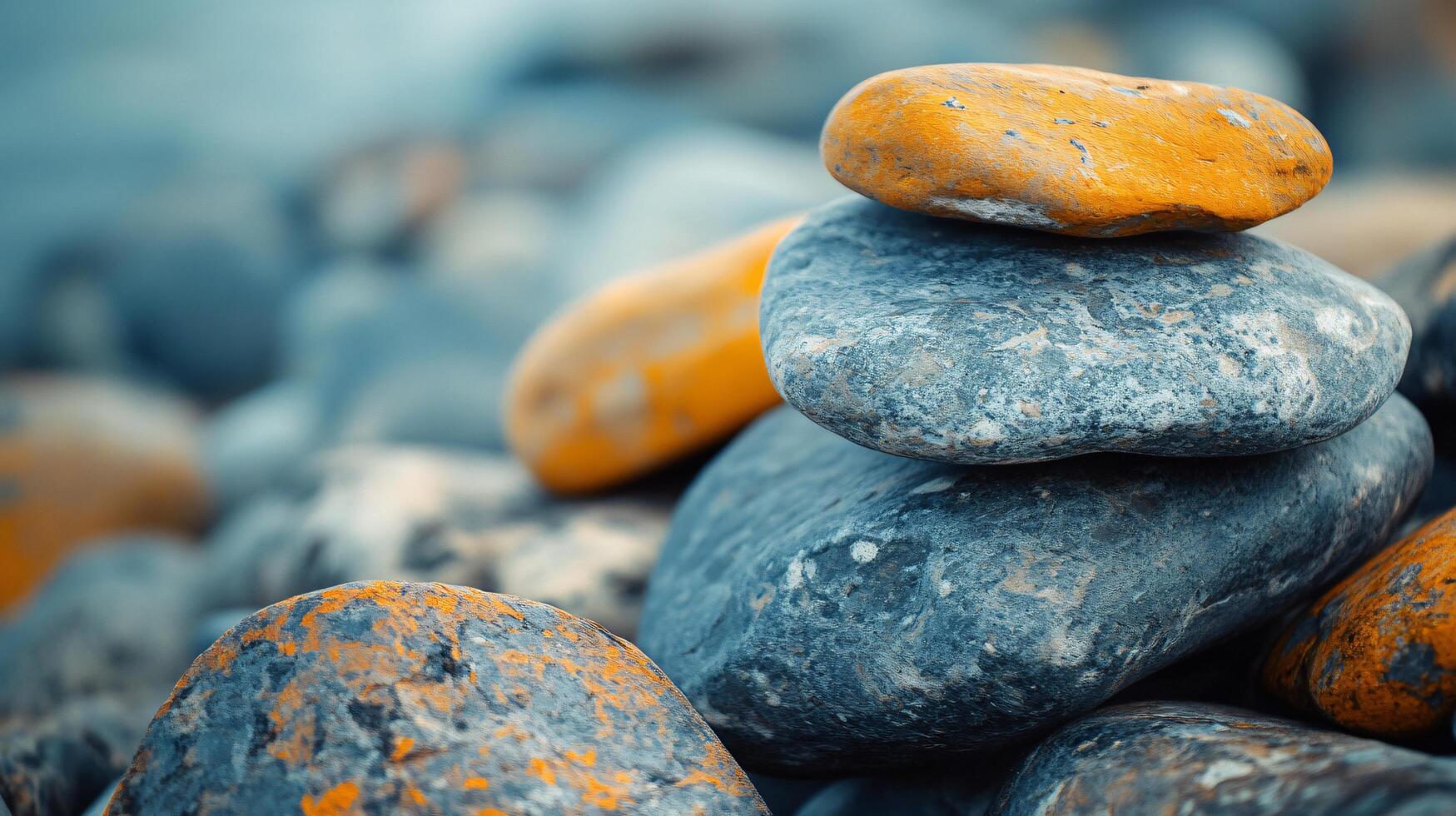A stack of rocks with a blue and yellow rock on top photo