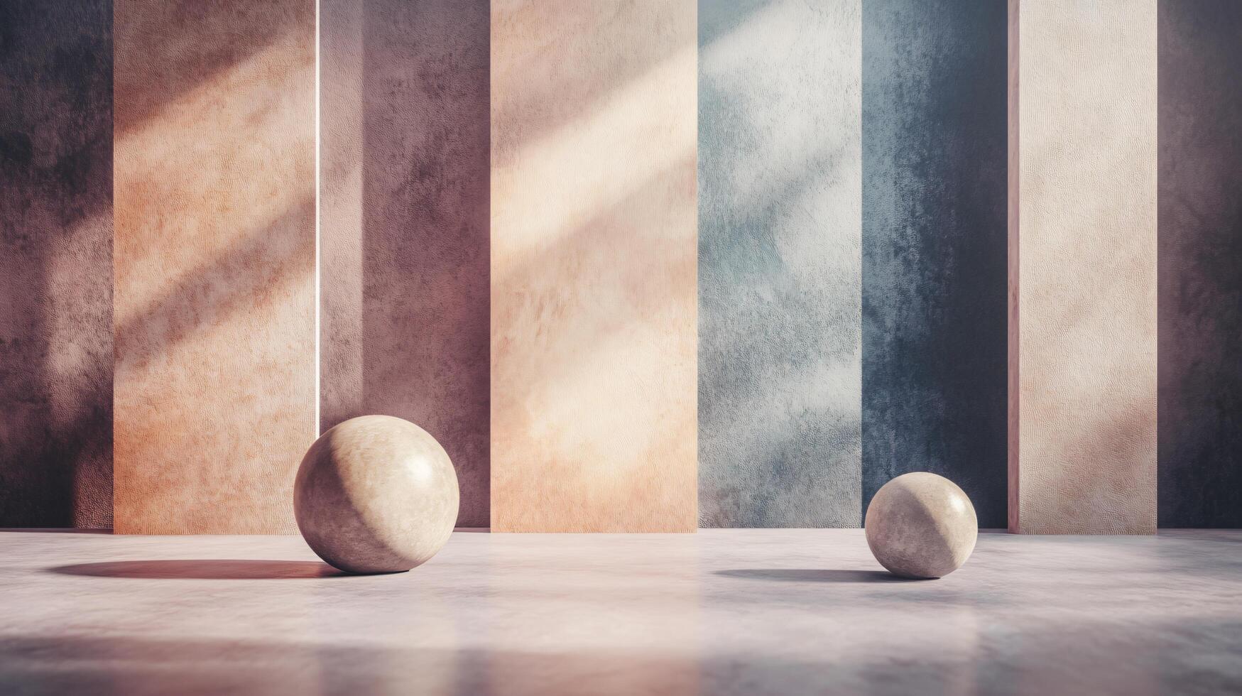 Two round stones are placed in front of a wall with a striped pattern photo