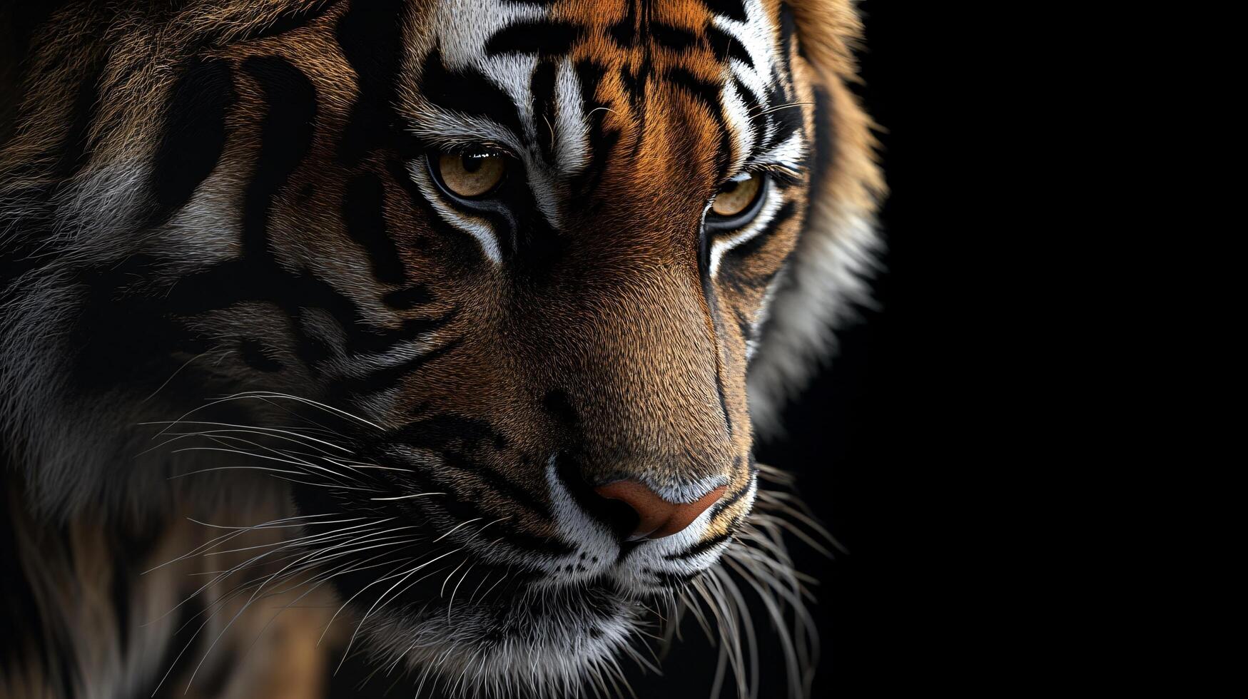 A tiger's face is shown in a close up photo