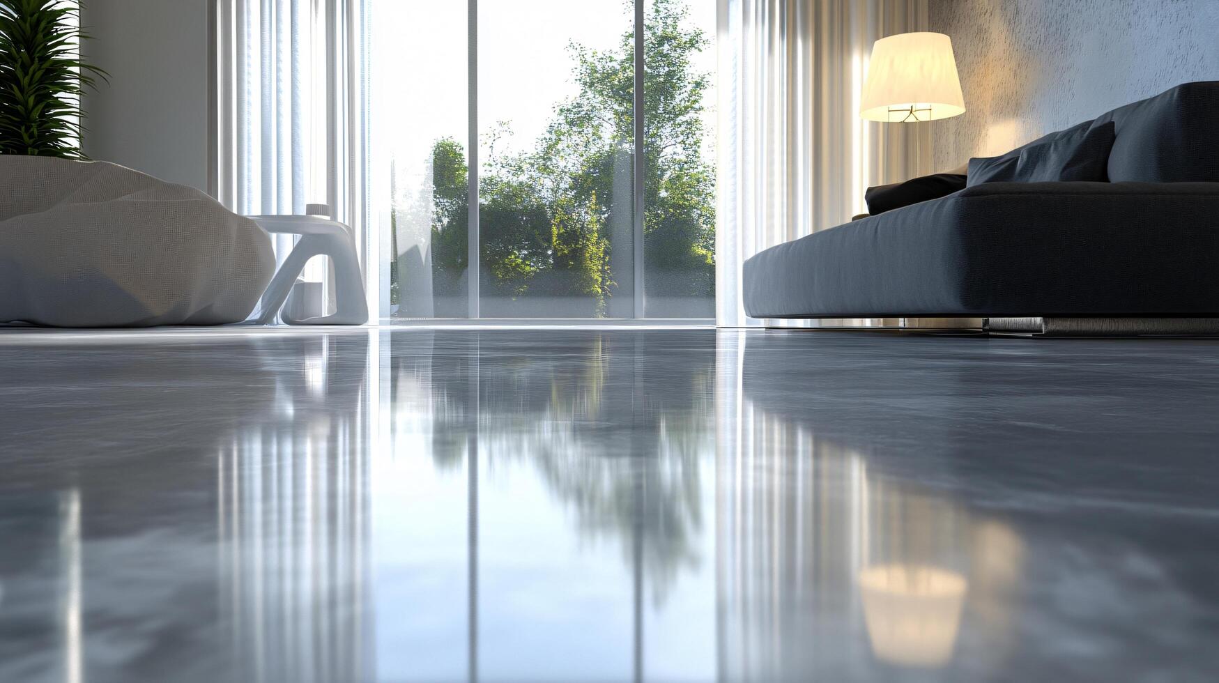 A modern living room with a large window photo