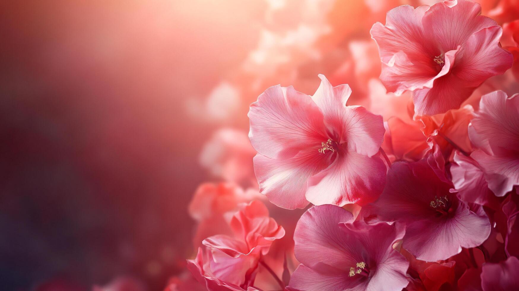 A close up of a bunch of pink flowers with a red background, blurry background photo