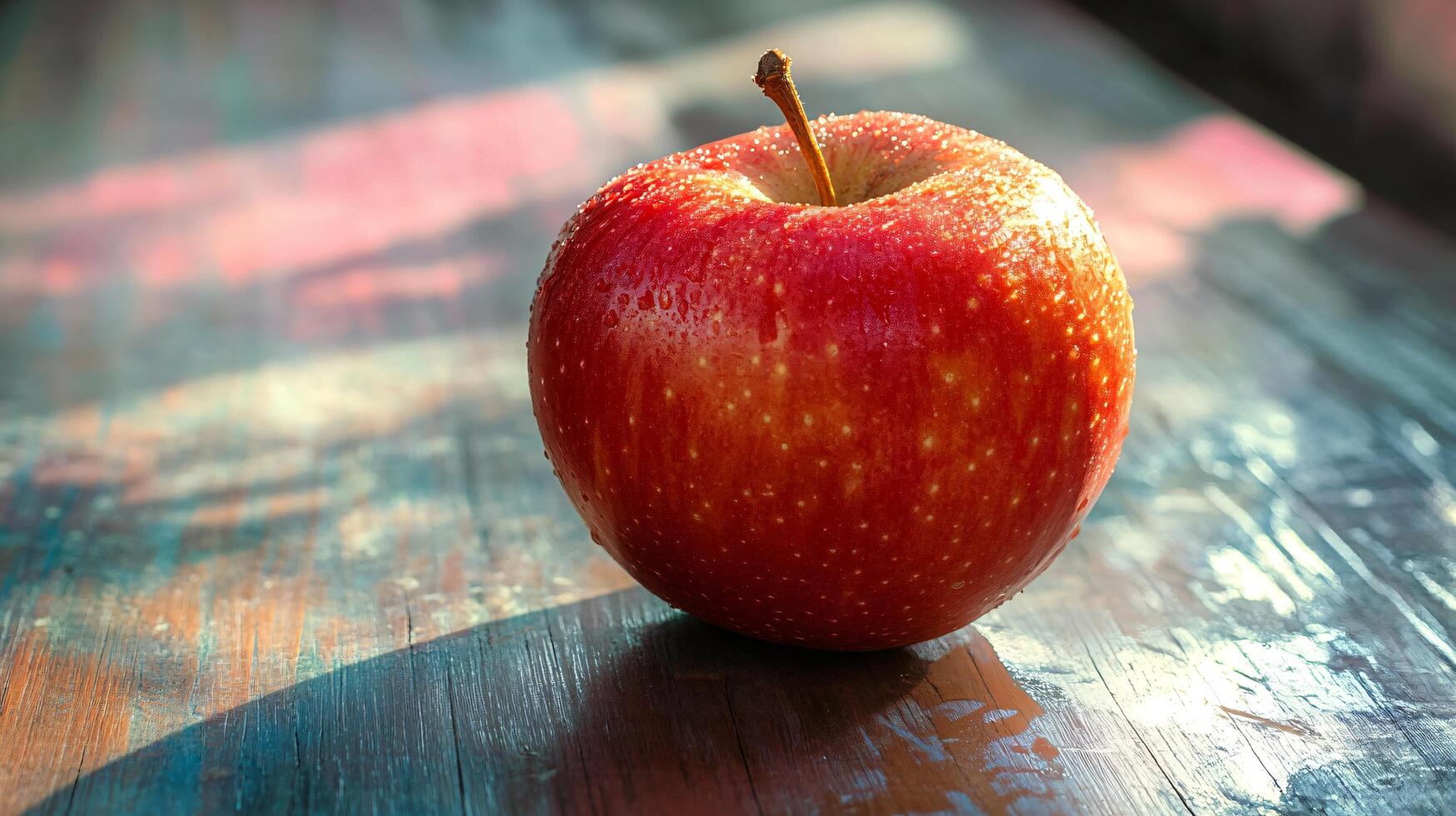 A red apple sits on a wooden table, perfect beautiful image photo