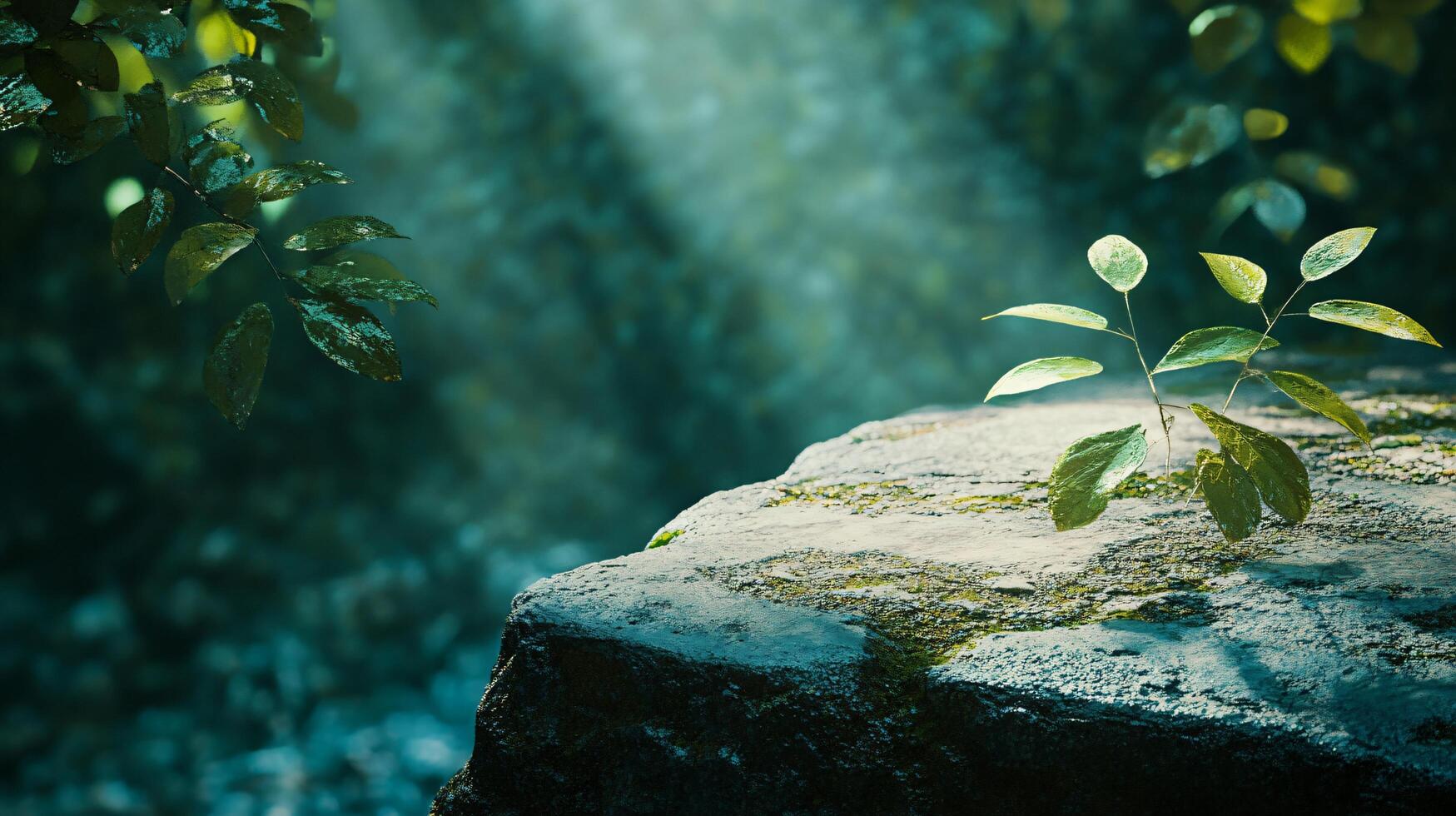 A rock with a leaf on it is in the foreground of a forest photo