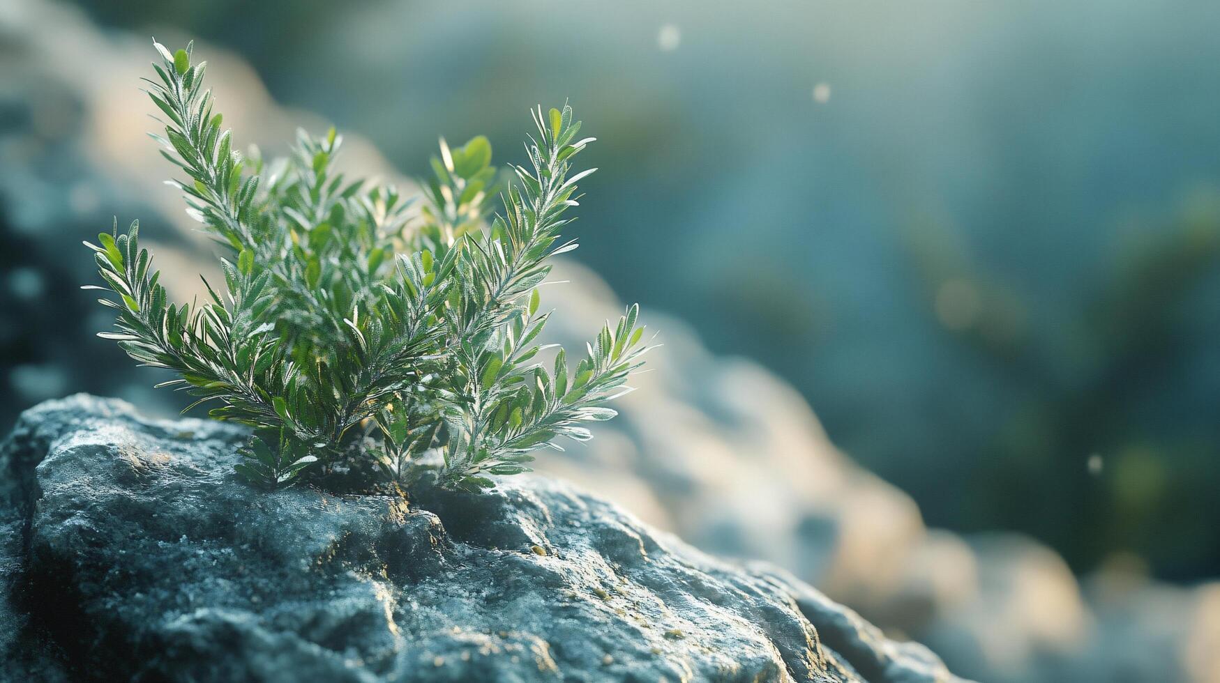A small plant growing on top of a rock photo