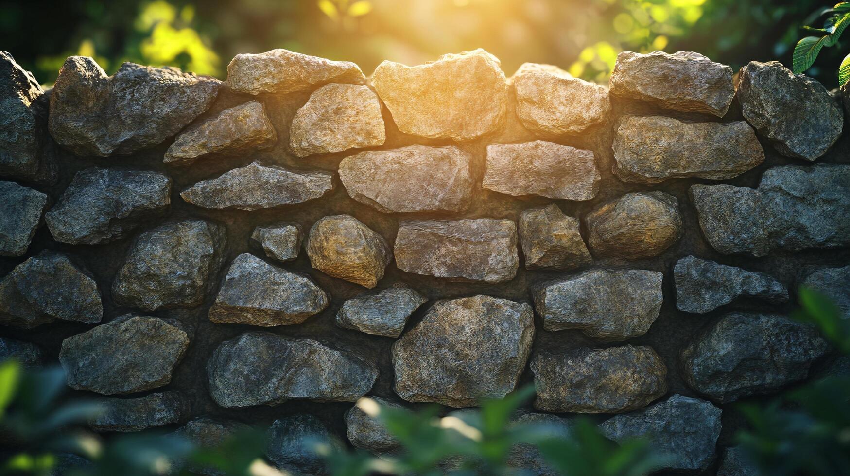 A wall made of stone blocks with a green bush growing on the other side photo