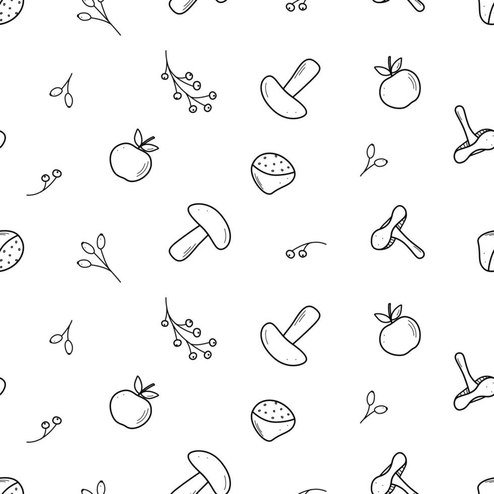 Seamless pattern of autumn elements. illustration of acorns mushrooms apple chestnut berries. vector