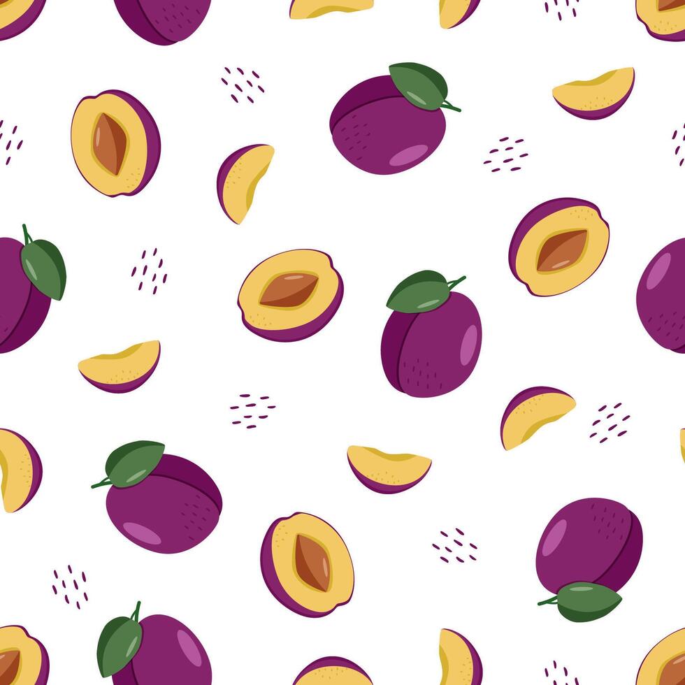 Seamless Pattern Ripe plum whole in a purple peel, half a plum with a stone and a plum slice. illustration of delicious berries. vector